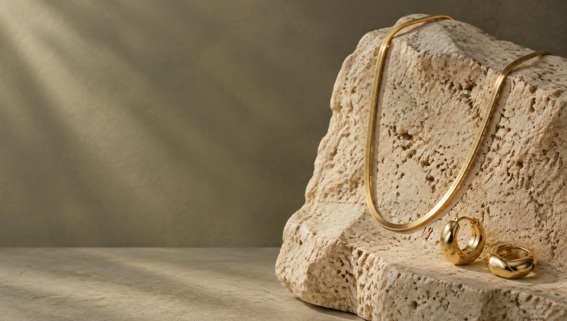 Gold necklace and sculptural hoop earrings on naturally lit travertine
